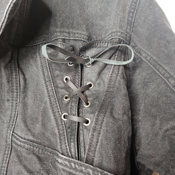 Vintage 80s Paris Express Womens S Denim Jacket Snap V Neck Retro Lace Up Crop - Picture 2 of 9
